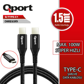 QPORT Q-TYPE-C1 1.5M TYPE-C 100W SUPER HIZLI PD SARJ VE DATA KABLOSU QPORT Q-TYPE-C1 1.5M TYPE-C 100W SUPER HIZLI PD SARJ VE DATA KABLOSU
