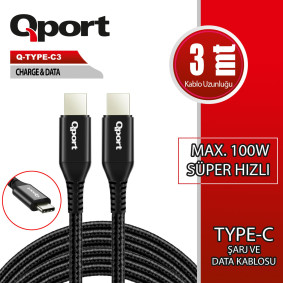 QPORT Q-TYPE-C3 3M TYPE-C 100W SUPER HIZLI PD SARJ VE DATA KABLOSU QPORT Q-TYPE-C3 3M TYPE-C 100W SUPER HIZLI PD SARJ VE DATA KABLOSU